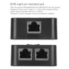 Two views of a black RJ45 splitter switch with text describing its features. Anteprima dell’immagine prodotto