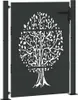 A black metal garden gate with a white tree design cut out. Produktbild-Vorschau
