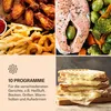 A collage of food items and product features, including fried chicken, fries, onion rings, salmon with vegetables, and grilled sandwiches, alongside text describing product programs. Produktbild-Vorschau