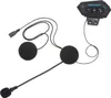 A black motorcycle helmet headset with microphone and earbuds, laid out on a white background. Produktbild-Vorschau