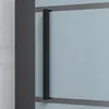 A close-up view of a black handle on a frosted glass sliding door with horizontal gray accents. Produktbild-Vorschau