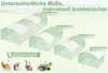 A diagram showing different sizes of chicken coops with labels indicating their dimensions and volumes. Small images of animals and plants are shown at the bottom. Produktbild-Vorschau