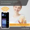 A woman is shown touching a glowing power button icon, with a smartphone displaying an app in the foreground. Produktbild-Vorschau