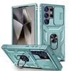 Multiple views of a teal-colored phone case with a sliding camera cover and a ring holder. Produktbild-Vorschau