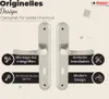 A marketing image showcasing two door handles with descriptive text and icons highlighting features. Produktbild-Vorschau