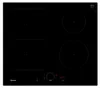 A top-down view of a black induction hob with four cooking zones and a control panel. Voir les images du produit