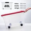 A transparent storage box with a red lid and wheels is shown on a white surface, with a hand reaching for the lid. Produktbild-Vorschau