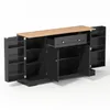 A black sideboard with a wooden top, shown with doors and a drawer open. Produktbild-Vorschau