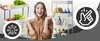 A woman is smiling and gesturing towards a white rolling cart filled with kitchen and bathroom items. There are also icons on the left and right sides of the image. Podgląd zdjęcia produktu