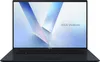 A front view of an open ASUS Vivobook laptop with its screen displaying a V-shaped abstract graphic and the ASUS Vivobook logo. Produktbild-Vorschau
