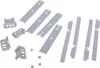 A collection of white plastic parts for a refrigerator door mounting kit, laid out on a white background. Produktbild-Vorschau