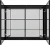 A black framed medicine cabinet with glass doors and shelves, shown open. Podgląd zdjęcia produktu