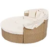 A round outdoor sofa with cushions and a canopy, shown against a white background. Voir les images du produit