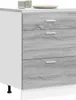 A close-up view of a white and gray kitchen cabinet with three drawers. Anteprima dell’immagine prodotto
