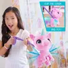 A young girl is playing with a pink unicorn toy that has wings and is attached to a leash. Náhled obrázku produktu