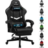 A black gaming chair is shown in the center of the image, with several other chairs of different colors displayed vertically to the right. The main chair has blue accents on the headrest and lumbar pillow. Produktbild-Vorschau