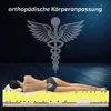 A woman lying on a mattress, with a visual representation of a spine and a caduceus symbol above. Produktbild-Vorschau