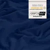 A close-up of a dark blue fabric with a label showing certifications. Produktbild-Vorschau