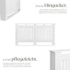 A white radiator cover is shown from different angles, with descriptive text highlighting its features. Náhled obrázku produktu