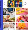 Collage of images showing a busy board and children interacting with it, demonstrating various activities like buttoning, zipping, and lacing. Produktbild-Vorschau