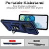 A blue phone case with a ring holder is shown, with text highlighting its features and a comparison to another product. Produktbild-Vorschau