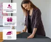 A woman is shown interacting with a dark gray fabric, likely a tablecloth, with three informational icons displayed on the left. Produktbild-Vorschau