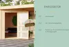 A wooden garden house with an open door, showing interior details and a list of features. Produktbild-Vorschau