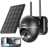 A black outdoor security camera with a solar panel and a smartphone displaying a live feed. Produktbild-Vorschau