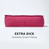A close-up side view of a thick, red cushion with text overlay describing its features. Náhled obrázku produktu