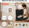 A collage of images showing vacuum cleaner accessories, including dust bags, filters, and a person interacting with a robot vacuum cleaner. Produktbild-Vorschau