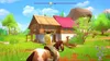 A person riding a horse in front of a house in a rural setting. Produktbild-Vorschau
