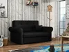 A black sofa in a room with patterned wallpaper, a window, and a rug. Náhled obrázku produktu