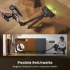 A collage showing a cordless vacuum cleaner in use and demonstrating its flexibility under furniture, with text highlighting its features. Produktbild-Vorschau