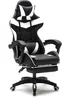 A black and white gaming chair with a footrest, shown from a slightly diagonal front view against a white background. Produktbild-Vorschau
