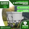 A split image showing a wagon in a sunny outdoor setting on the left and in the rain on the right, with marketing text overlays. Produktbild-Vorschau