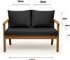 A product shot of a two-seater outdoor sofa with black cushions, with dimensions indicated by text overlays. Produktbild-Vorschau