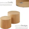 Two wooden cylindrical side tables are shown, with text describing their features. Produktbild-Vorschau