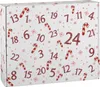 A white cardboard advent calendar with red candy cane and snowflake designs, featuring numbered doors. Produktbild-Vorschau