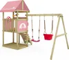 A wooden play structure with swings and a slide, decorated with pink accents. Produktbild-Vorschau
