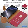 A red flip case for a smartphone, showing its features like card slots and RFID blocking technology. Voir les images du produit