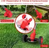 Collage showing a red electric lawn trimmer in different configurations: as a edger, a mower, and a trimmer, with text overlays. Náhled obrázku produktu