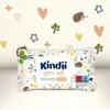 A pack of Kindii Extra Soft Aloe baby wipes is shown against a decorative background with cartoon hedgehogs, trees, and hearts. Podgląd zdjęcia produktu