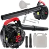 A collection of leaf blower parts and accessories, including two leaf blowers, a funnel, a wrench, and two plastic containers. Produktbild-Vorschau
