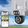A security camera is shown mounted on a wall, with a smartphone displaying live feeds of a house. The camera's pan and tilt capabilities are indicated by arrows and degree markings. Produktbild-Vorschau