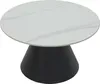 A round coffee table with a white marble-like top and a black conical base, isolated on a white background. Produktbild-Vorschau