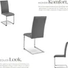 Three views of a gray upholstered chair with a metal frame, presented on a white background with descriptive text. Voir les images du produit