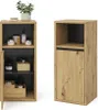 Two tall, narrow cabinets with a wood-grain finish and black interiors are shown against a white background. The left cabinet is open, revealing shelves with various bathroom items. The right cabinet is closed. Náhled obrázku produktu