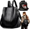 A collage of a black backpack, showing its front, an open view of its interior, and a woman wearing it. Náhľad obrázku produktu
