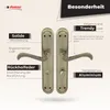 A product image showcasing two door handles with descriptive text highlighting their features and benefits. Produktbild-Vorschau