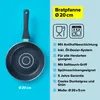 A frying pan with product features listed next to it. Produktbild-Vorschau